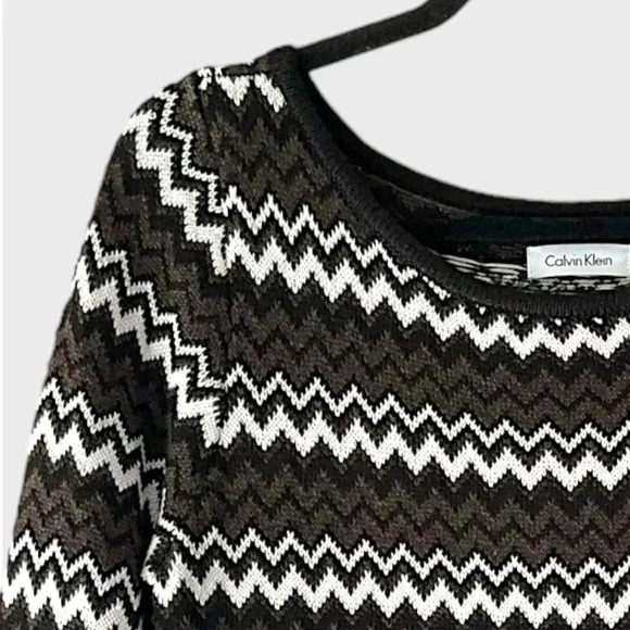 CALVIN KLEIN NWOT SWEATER DRESS HERRINGBONE BLACK BROWN WHITE | MEDIUM - Picture 3 of 7
